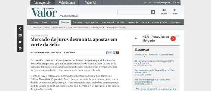 Os investidores do mercado de juros se desfizeram de apostas que vinham sendo montadas, aos poucos, para um cenário alternativo de eventual corte da taxa Selic. Tamanho foi o ajuste que as taxas futuras de curto e médio prazo tiveram forte alta na B3 ontem e anularam o bom desempenho deste começo de mês.